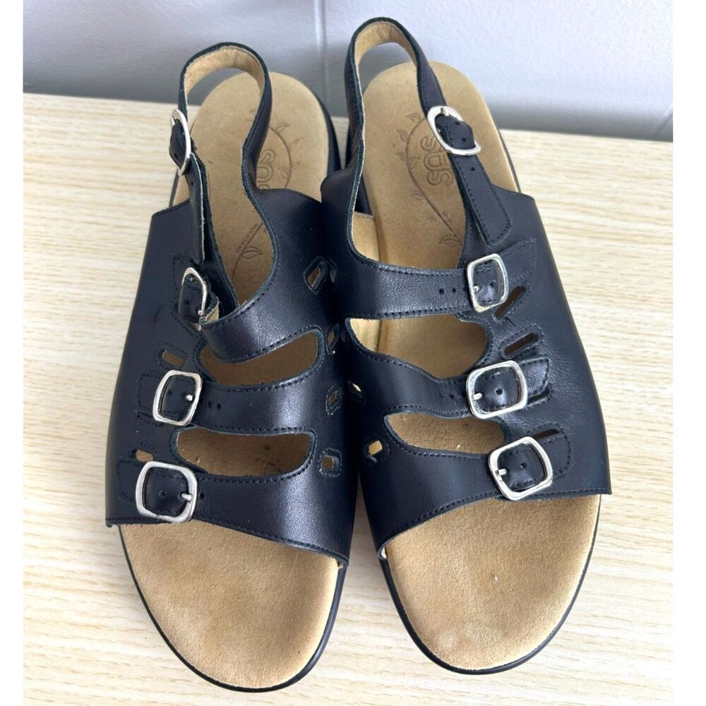 SAS Mystic Slingback Sandals Womens 10.5 W Wide Web Black Leather Shoes Comfort‎